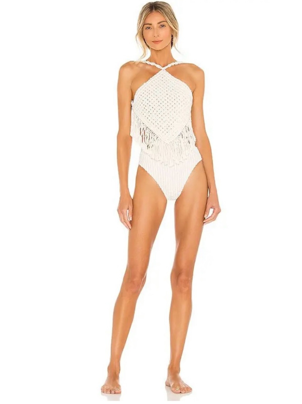 Crochet Fringe Halter One-Piece Swimsuit - Ivory